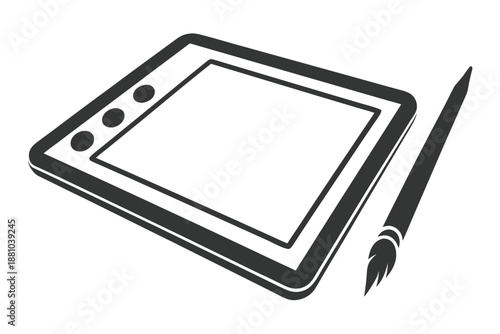 Digital drawing tablet and stylus silhouette in a clean black and white style