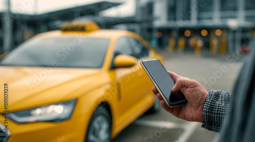Person checking smartphone while waiting for taxi at city transportation hub on a cloudy day