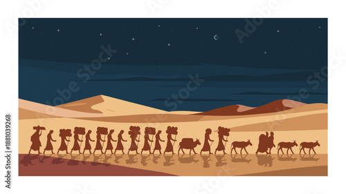 A caravan of people and animals travels through the desert at night under a starry sky