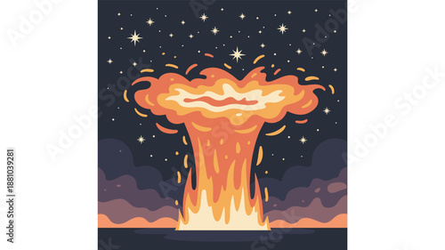 A vibrant cartoon illustration of a massive explosion in space with a starry night sky