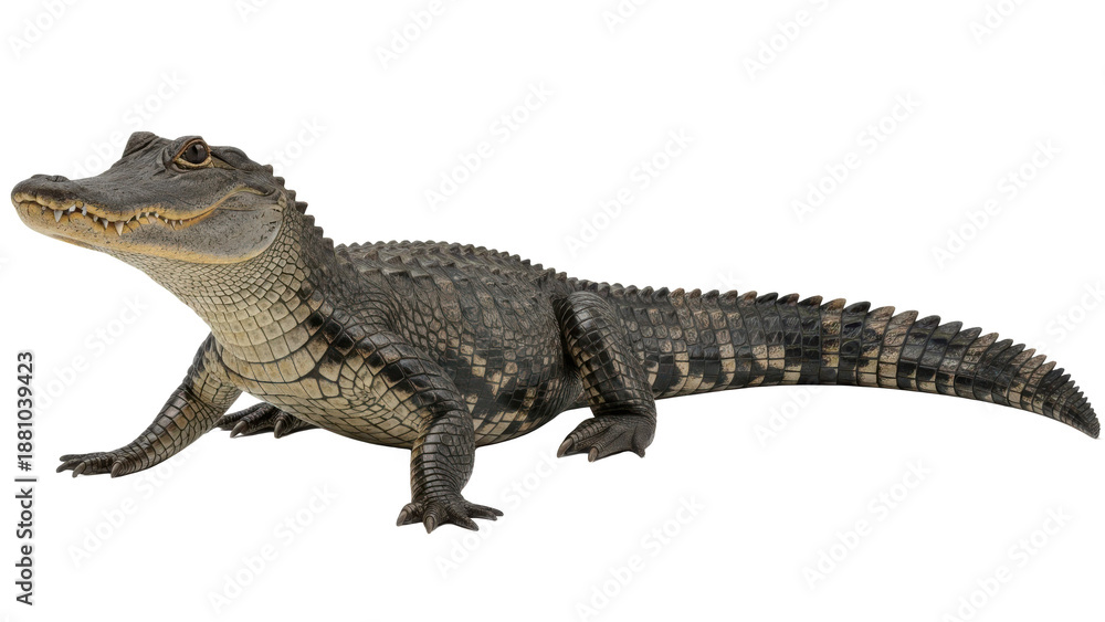 Naklejka premium A large gray crocodile standing on a transparent background with its mouth open