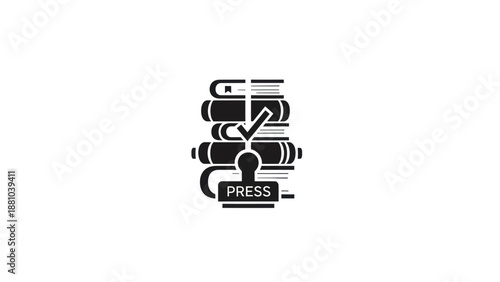 Stack of books with stamp and checkmark