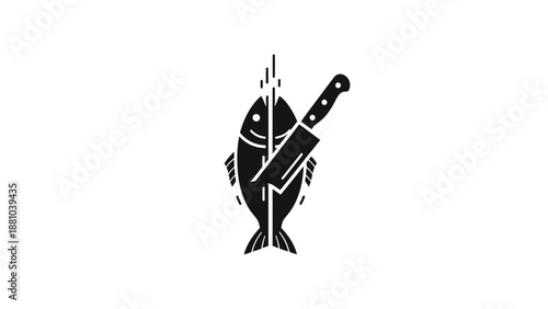 Fish Being Sliced by Knife Logo Icon