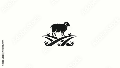 Black sheep standing on stylized grass field vector logo