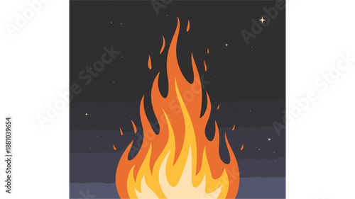 A vibrant vector illustration of a campfire burning brightly under a starry night sky