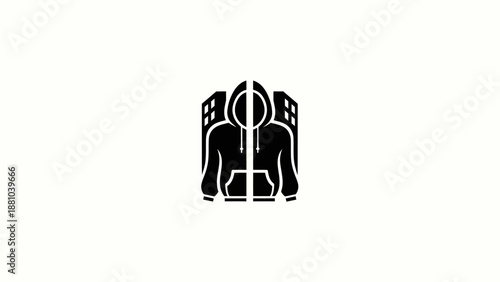 Hooded Figure Silhouette in Front of Buildings Icon