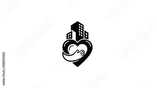 Heart embrace with city buildings icon