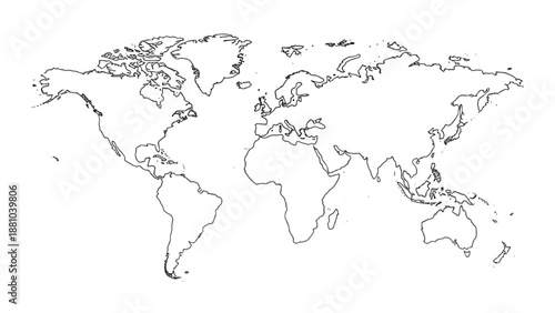 Continuous line drawing of a world map, minimalist global earth outline art