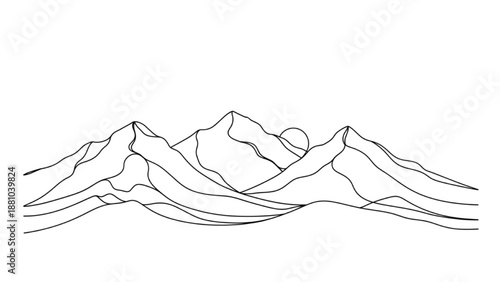 Continuous line drawing of mountain peaks with sun, minimalist landscape mountain range outline