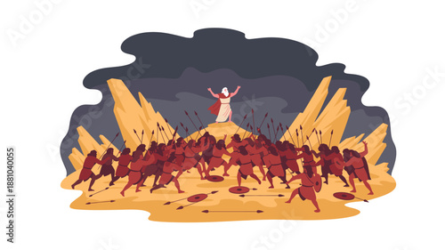 A dramatic vector illustration of Moses standing on a mountain with his arms raised, surrounded by a crowd of people in a desert landscape.