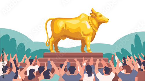A vibrant illustration of a golden bull statue on a pedestal surrounded by a cheering crowd of people