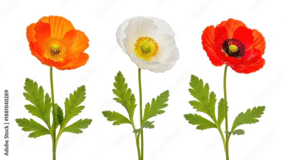 Fototapeta premium A vibrant and delicate arrangement of three poppy flowers in shades of orange white and red isolated on a clean white background