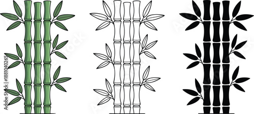 Bamboo stalks silhouette & Outline and illustration set isolated on transparent background 