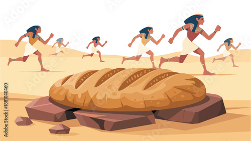 Ancient Egyptian runners racing towards a large loaf of bread in the desert