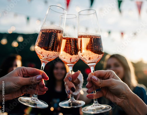 Three glasses of rosé wine toasting for Galentines Day