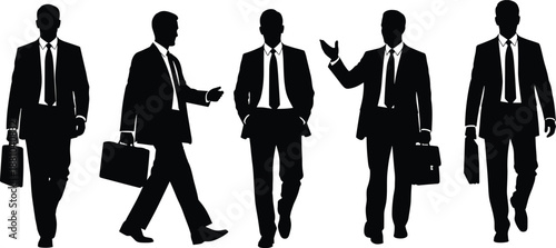 Silhouettes of businessmen in suits with briefcases walking and talking in a row representing professional corporate teamwork and leadership success