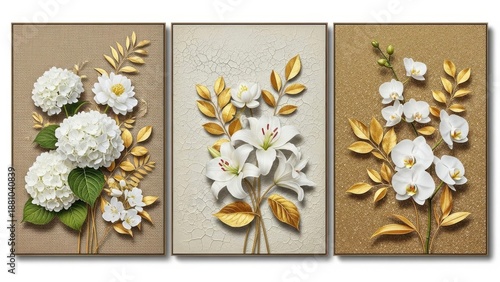 A stunning triptych wall art showcases delicate white and golden floral arrangements against textured neutral backgrounds creating a luxurious aesthetic