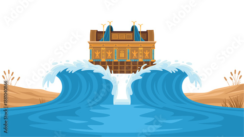 An ancient Egyptian temple floats on a dramatic wave of water in a vibrant vector illustration