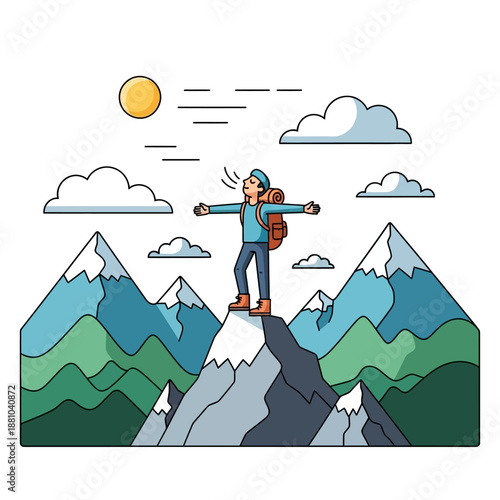 Cartoon Hiker Standing on Mountain Peak.