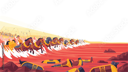 A dramatic vector illustration of a chariot racing through a fiery desert landscape with falling soldiers