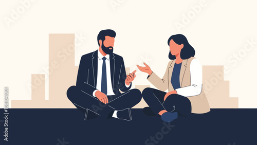 Business partners in conversation, sitting cross-legged with city skyline background