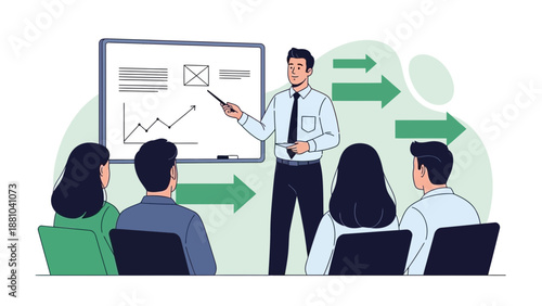 Business presentation with charts and arrows, people learning in a meeting