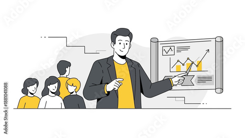 Business presentation, man explaining chart to audience, teamwork, meeting, strategy, success
