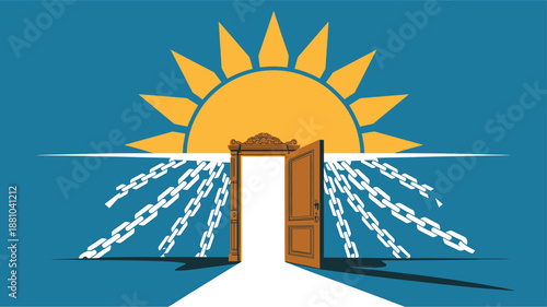 A vector graphic illustration of an open door with chains breaking free leading to a bright sun
