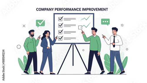Business Team Analyzing Company Performance Improvement Chart on Whiteboard