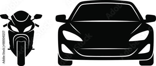 Black silhouettes of a motorcycle and a car side by side on a white background