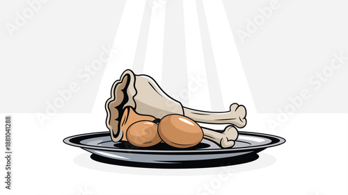 A cartoon illustration of a plate of food with a bone and eggs on a white background