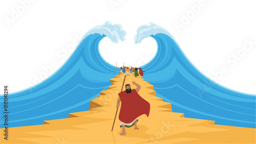 A biblical illustration of Moses parting the sea with a heart-shaped wave in the background
