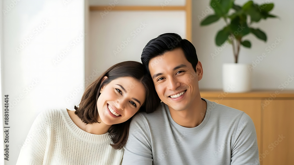 Obraz premium Happy young couple smiling together in a cozy room