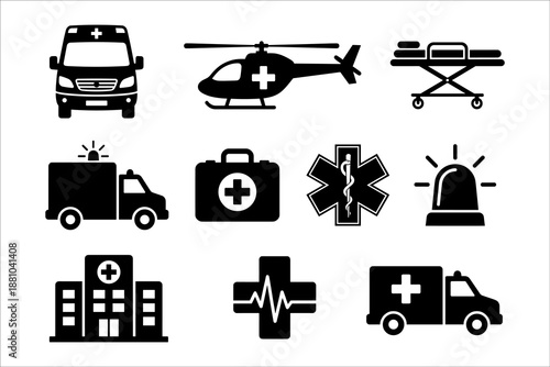 Emergency Medical Service Icon Set Featuring Ambulance Hospital First Aid Kit Medical Helicopter and Stretcher Silhouettes for Healthcare Design
