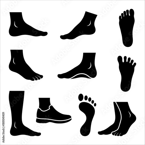 Human Foot Silhouettes and Shoe Icons for Podiatry Health and Athletic Fitness Design

