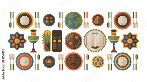 A vibrant illustration of various cultural symbols and dishes arranged on a table setting with utensils and plates.