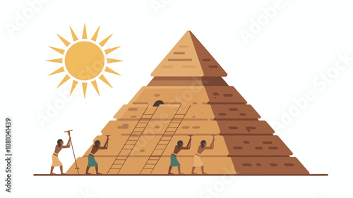 An illustration of ancient Egyptian workers building a pyramid under the sun