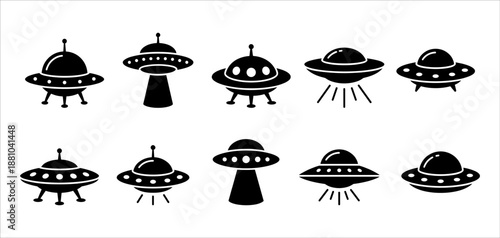 Collection of 10 Black Silhouette UFO Icons and Flying Saucer Designs for Science Fiction, Space Exploration, and Extraterrestrial Themes
