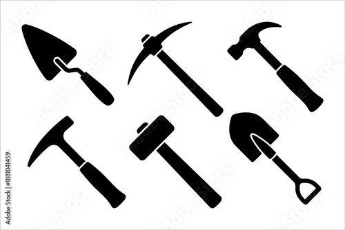 Collection of Professional Hand Tool Silhouettes including Hammer, Shovel, Pickaxe, Trowel, and Sledgehammer for Construction, Masonry, Gardening, and DIY Home Improvement Projects
