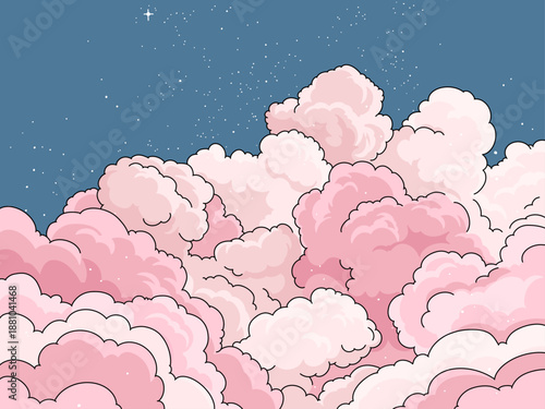 Vector Illustration of a Night Blue Sky with Pink Clouds and Shining Stars. Abstract Galactic Cosmos Background