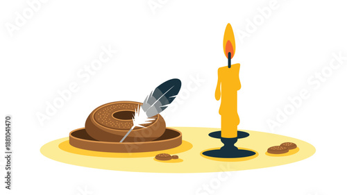 A vector graphic illustration of a quill pen and candle on a desk with a wax seal