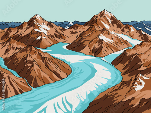 Panorama Mountain Winter Landscape Vector Illustration Banner with Snow and Water in Blue Sky Background 