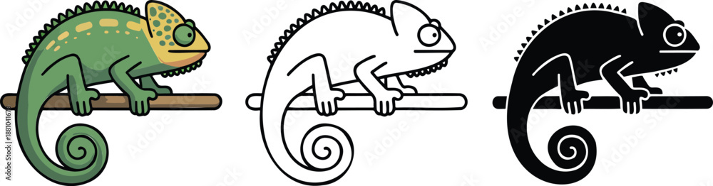 Fototapeta premium Chameleon perched on a branch silhouette & Outline and illustration set isolated on transparent background