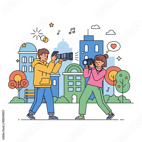 Cartoon Photographers Taking Pictures in City.