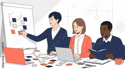 Diverse team collaborating on a business strategy with whiteboard and laptops