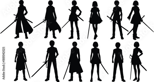 Silhouette illustrations of anime characters with swords