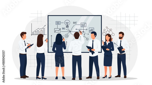 Diverse team collaborating on business strategy and planning at whiteboard