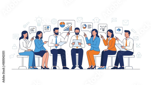 Diverse team collaborating on business strategy, presenting ideas and data visually.