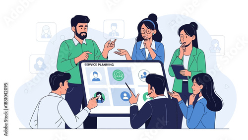 Diverse Team Collaborating on Service Planning Project with Digital Interface