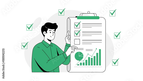 Man checking checklist on clipboard with charts and graphs, task completion concept